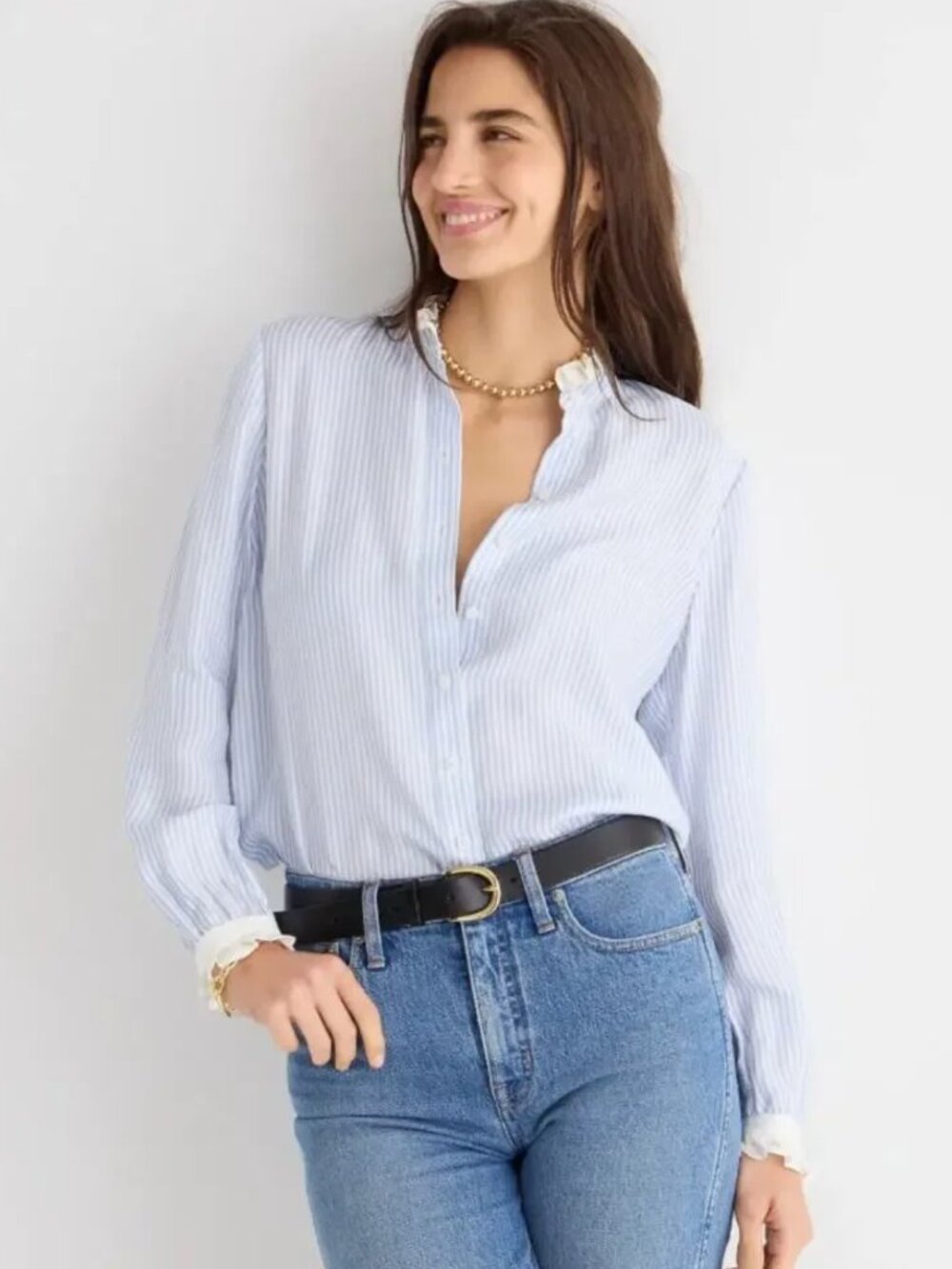 J.Crew Cupro Ruffle Trim Striped Button-Front Blouse Blue White S